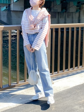 「巾着バッグ」｜「アイテム（トレンチコート）」を使った、かほこ。さん（レディース・162cm）の冬コーディネート