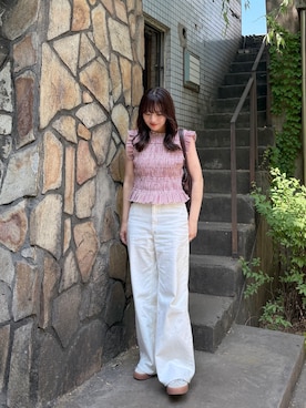 「ZARA（ザラ）のアイテム（シャツ/ブラウス、レッド系）」を使った、かほこ。さん（レディース・162cm）の春コーディネート
