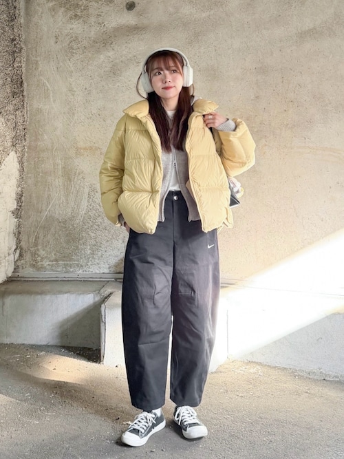 「NIKE（ナイキ）のナイキ スポーツウェア ウィメンズ バレル パンツ / Nike Sportswear Women's Barrel Pants HV2087-010 Black（その他パンツ）」を使った、かほこ。さん（レディース・162cm）の冬コーディネート