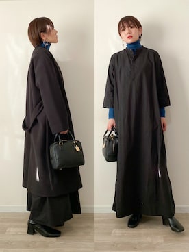 「古着」｜「アイテム（ノーカラーコート）」を使った、かほこ。さん（レディース・162cm）の冬コーディネート