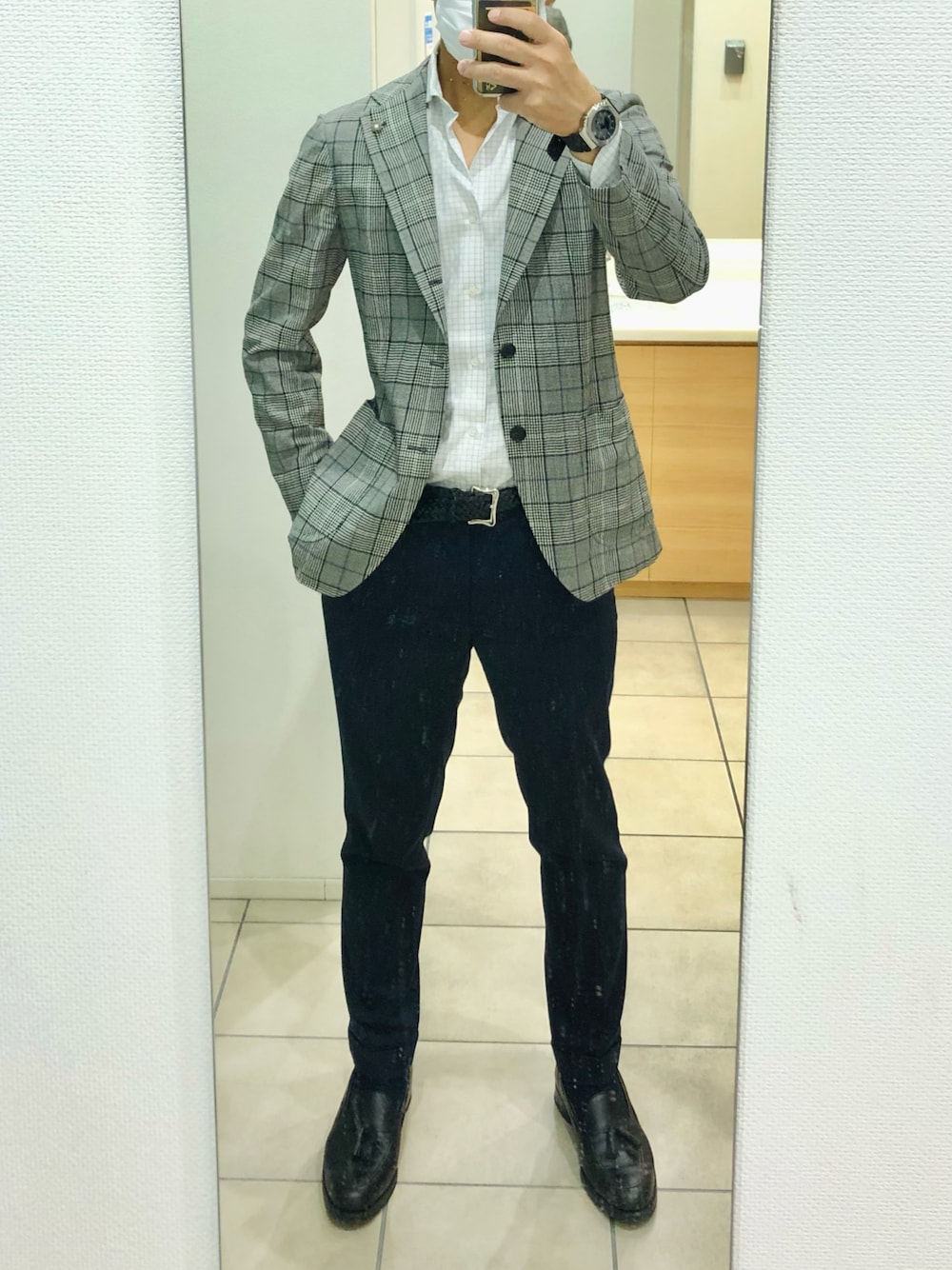 「出勤、クールビズ、グレンチェック」｜「CHOYAシャツのアイテム（トップス、ホワイト系）」を使った、RTさん（メンズ・177cm）の秋コーディネートの1枚目の写真