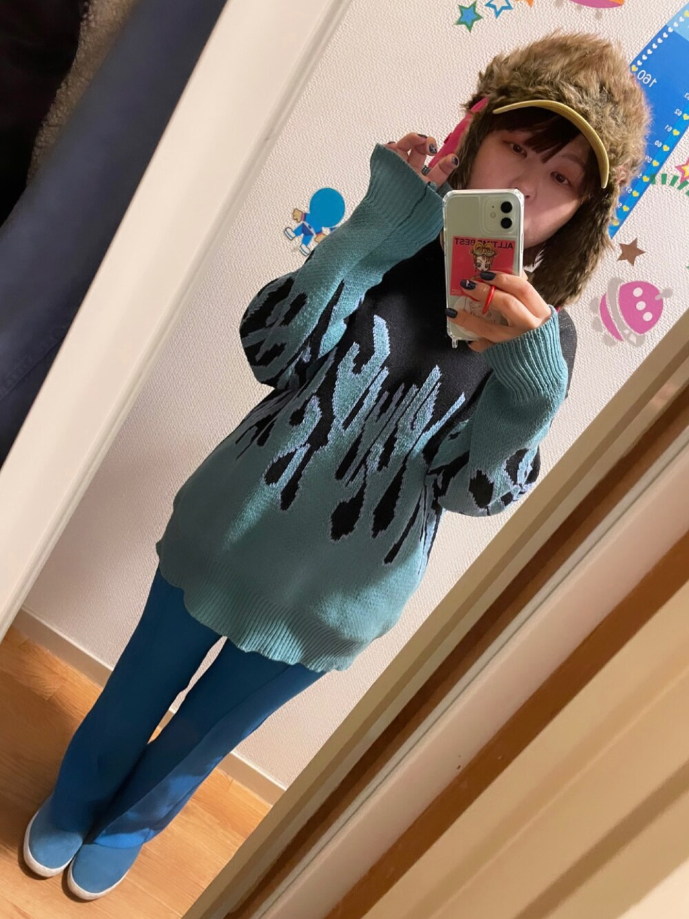 「低身長、低身長コーデ、低身長女子、ブルー、初詣」｜「miOKazのアイテム（ニット/セーター、ブルー系）」を使った、◎みお◎さん（レディース・150cm）の冬コーディネートの1枚目の写真