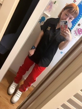 「アイテム（スウェットパンツ、レッド系）」を使った、◎みお◎さん（レディース・150cm）の夏コーディネート