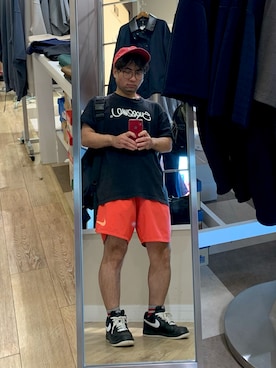 「アイテム（キャップ）」を使った、ニャロメさん（メンズ・165cm）の夏コーディネート