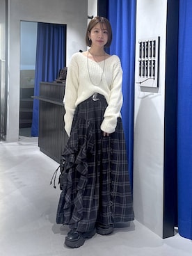 「PAGEBOY（ページボーイ）のラインフリンジティアードスカート/フリルスカート【ウエストゴム・ストレスフリー】（スカート）」を使った、まっちゃんさん（レディース・151cm）の秋コーディネート