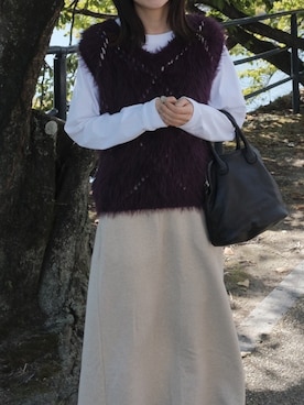 「アイテム（ベスト、パープル系）」を使った、yamさん（レディース・158cm）の秋コーディネート