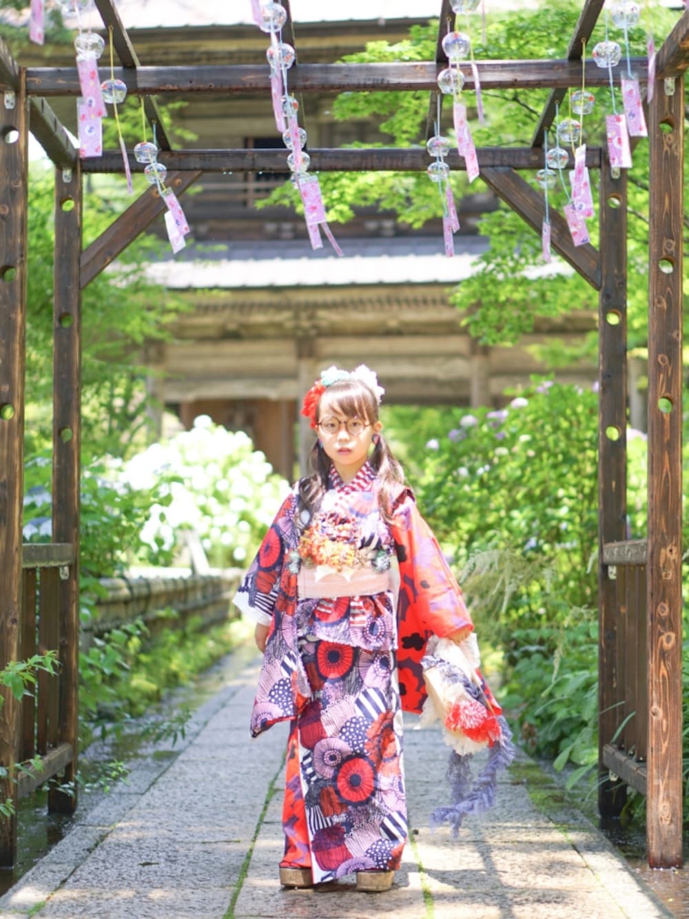 「夏の和物語、キッズコーデ、夏コーデ、サンダル、浴衣、マリメッコ、marimekko、夏の思い出」｜「moemusisanのアイテム（浴衣、レッド系）」を使った、ゆん☺さん（キッズ・120cm）の夏コーディネートの1枚目の写真