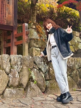 「アイテム（ライダースジャケット）」を使った、レオンママさん（レディース・153cm）の秋コーディネート
