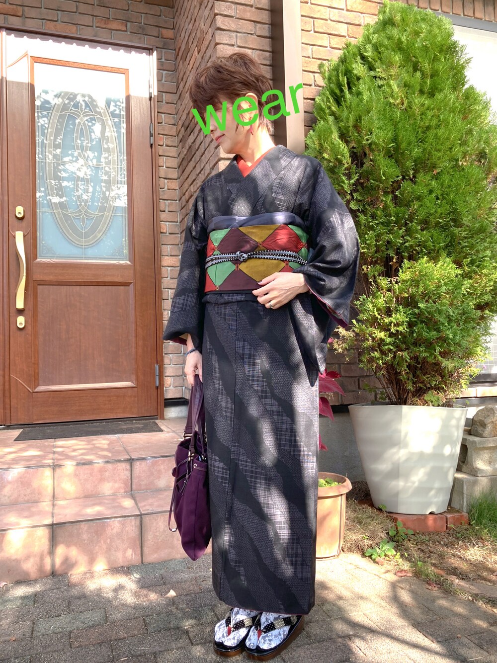 「低身長、結城紬、名古屋帯、着物、着物コーデ、着物好きさんと繋がりたい、着物でお出掛け、着物女子」｜「やまとのアイテム（着物、ブラック系）」を使った、レオンママさん（骨格ナチュラル・レディース・153cm）の秋コーディネートの1枚目の写真