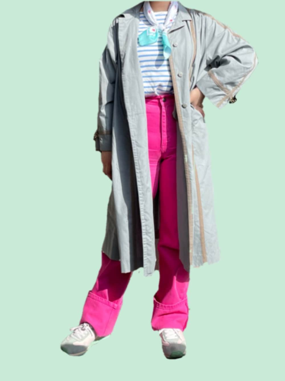 「春カラー、パステル映える春、カジュアルコーデ、ボーダー、デニムパンツ、カラーコーデ、カラーパンツ、ZARA、スカーフ、古着、古着MIX、大学生」｜「ZARAのアイテム（デニムパンツ、ピンク系）」を使った、🦊ですさん（レディース・157cm）の春コーディネートの1枚目の写真