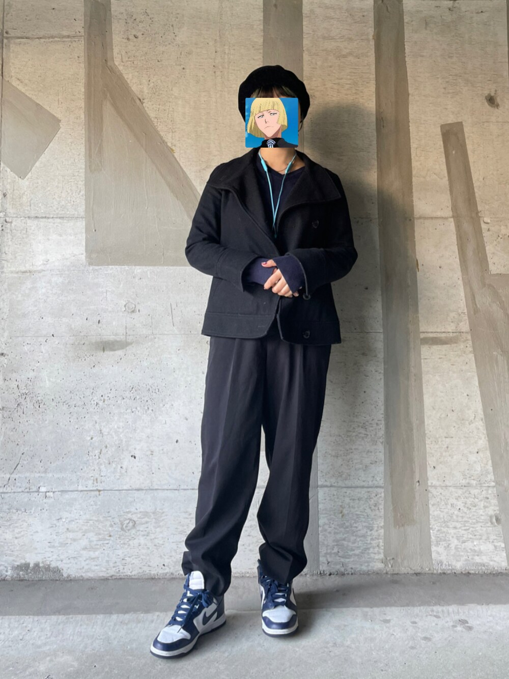 「秋のコーデ、ゆるコーデ、セーター、ラルフローレン、ポロニット、テーパードパンツ、dunk、ダンク、ネイビー、ベレー帽、古着、古着MIX、大学生」｜「古着のアイテム（ハンチング/ベレー帽、ブラック系）」を使った、🦊ですさん（レディース・157cm）の秋コーディネートの1枚目の写真