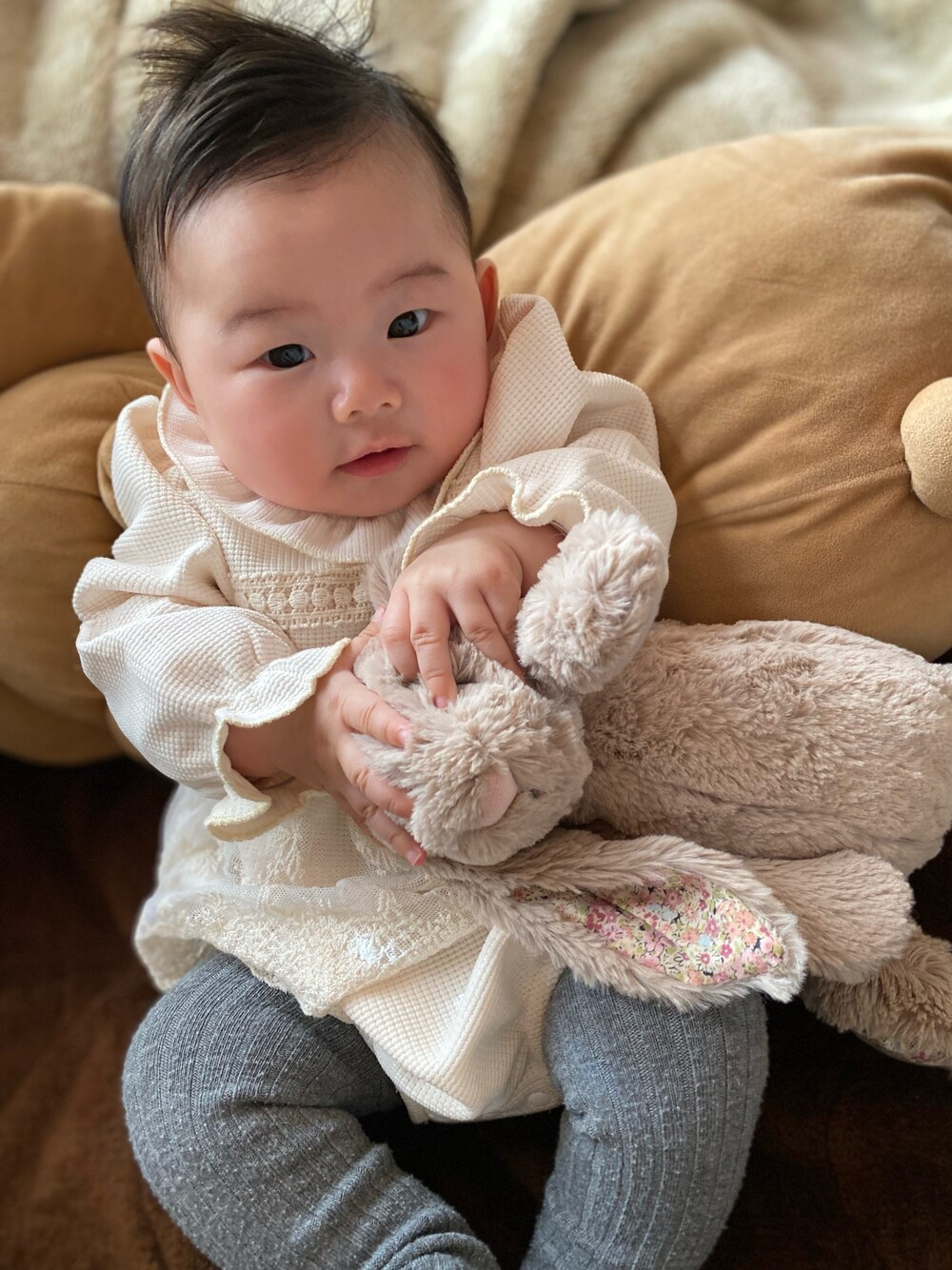 「4ヶ月、ベビーコーデ」｜「SHEINのアイテム（ロンパース、ホワイト系）」を使った、KENHAYARIHITO♡KARINさん（キッズ・70cm）の冬コーディネートの1枚目の写真