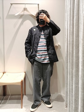 「POP TRADING COMPANY（ポップトレーディングカンパニー）のアイテム（Tシャツ/カットソー、ブルー系）」を使った、D.nakamuraさん（メンズ・167cm）の秋コーディネート