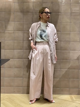 「A part by（アパートバイ）のルランゼフィールリネンシャツ（シャツ/ブラウス、ピンク系）」を使った、yato-miさん（レディース・158cm）の春コーディネート