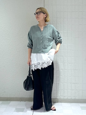 「A part by（アパートバイ）のアイレットアミショートカーディガン（カーディガン/ボレロ、グリーン系）」を使った、yato-miさん（レディース・158cm）の春コーディネート