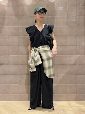 「A part by（アパートバイ）のチェックシャツ_長袖（シャツ/ブラウス、グリーン系）」を使った、yato-miさん（レディース・158cm）の夏コーディネート