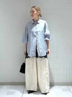 「A part by（アパートバイ）の【高身長向けサイズ展開あり】サテンバルーンイージーパンツ（その他パンツ、ホワイト系）」を使った、yato-miさん（レディース・158cm）の春コーディネート