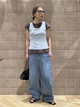 「A part by（アパートバイ）のキンチャクミニショルダバッグ（单肩包、ブラック系）」を使った、yato-miさん（レディース・158cm）の夏コーディネート
