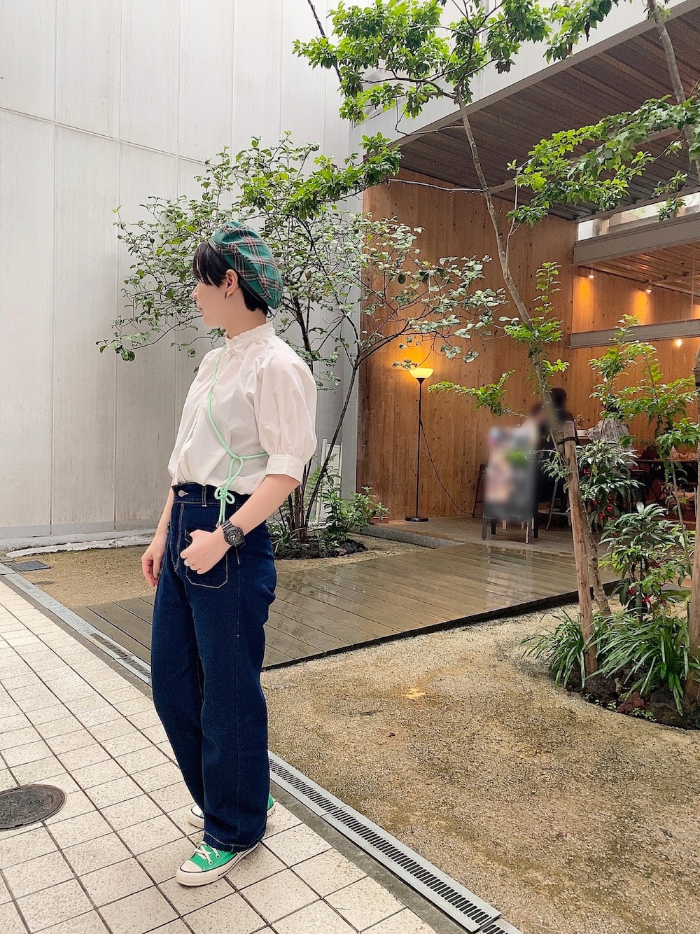 「シンプル、ゆるコーデ、このスタイルがお気に入り」｜「BONLECILLの2wayボウタイリボン パフスリーブスタンドカラーブラウス（シャツ/ブラウス、ホワイト系）」を使った、やましさん（レディース・168cm）の夏コーディネートの1枚目の写真
