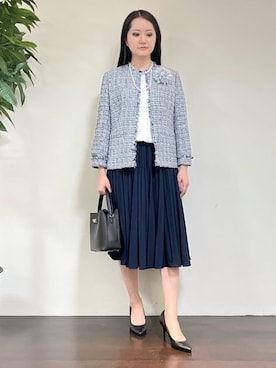 「UNTITLED（アンタイトル）の【仕事着/スーツ】ファンシーツイード ジャケット（ノーカラージャケット、ブルー系）」を使った、カレンさん（レディース・162cm）の冬コーディネート