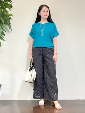 「UNTITLED（アンタイトル）の【古畑星夏さん着用/11色展開/体型カバー】前後2WAYフレンチスリーブニット（ニット/セーター、ブルー系）」を使った、カレンさん（レディース・162cm）の夏コーディネート