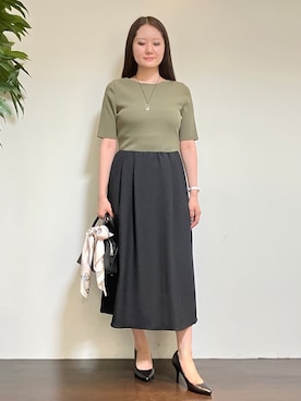 「UNTITLED（アンタイトル）の【一枚でサマ見え】ニットドッキングジャガードワンピース（ワンピース、グリーン系）」を使った、カレンさん（レディース・162cm）の夏コーディネート
