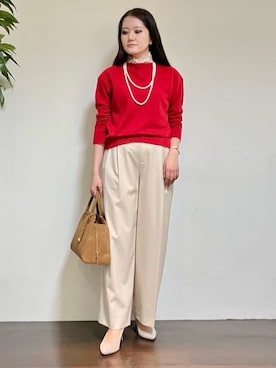 「UNTITLED（アンタイトル）の【洗える】モックネックミラノリブニット（ニット/セーター、レッド系）」を使った、カレンさん（レディース・162cm）の冬コーディネート