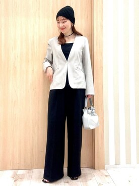 「SHOO・LA・RUE（シューラルー）の【洗濯機可/UV/SS-3L】すっきり好印象 ノーカラージャケット（ノーカラージャケット、ベージュ系）」を使った、ririさん（レディース・161cm）の春コーディネート