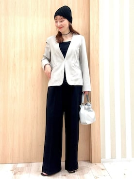 「SHOO・LA・RUE（シューラルー）の【洗濯機可/UV/SS-3L】すっきり好印象 ノーカラージャケット（ノーカラージャケット、ベージュ系）」を使った、ririさん（レディース・161cm）の春コーディネート
