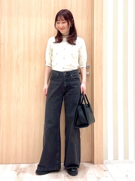 「SHOO・LA・RUE（シューラルー）の【S-LL/二の腕カバー】品よく隠せる　ドット刺繍5分袖ニット（ニット/セーター、ホワイト系）」を使った、ririさん（レディース・161cm）の春コーディネート