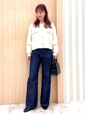 「SHOO・LA・RUE（シューラルー）の【洗濯機可/S-LL】1枚でも羽織りでも 華やか上品カーデ（カーディガン/ボレロ、ホワイト系）」を使った、ririさん（レディース・161cm）の冬コーディネート