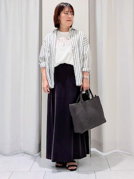 「UNTITLED（アンタイトル）のストライプシャツ（シャツ/ブラウス、ブラウン系）」を使った、Onumaさん（レディース・163cm）の夏コーディネート