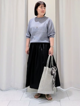 「UNTITLED（アンタイトル）の【洗える/ゆったり】クルーネックドライニット（ニット/セーター、パープル系）」を使った、Onumaさん（レディース・163cm）の夏コーディネート