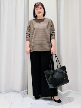 「UNTITLED（アンタイトル）のメッシュ柄ボーダーニット（ニット/セーター、ブラウン系）」を使った、Onumaさん（レディース・163cm）の夏コーディネート