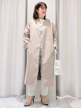 「アイテム（ノーカラーコート、ベージュ系）」を使った、Onumaさん（レディース・163cm）の春コーディネート