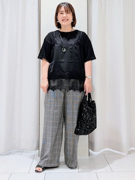 「UNTITLED（アンタイトル）の【セットアップ可/ウエストゴム】メランジツイルワイドパンツ（その他パンツ、ブラウン系）」を使った、Onumaさん（レディース・163cm）の夏コーディネート