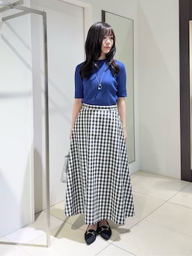 「UNTITLED（アンタイトル）の【五分袖/タイト】コットンリネン2WAYニット（ニット/セーター、ブルー系）」を使った、kaoruさんの夏コーディネート