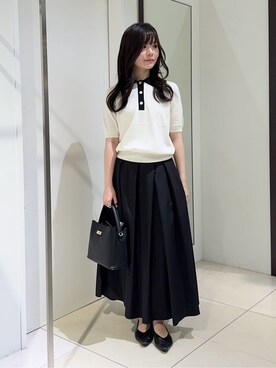 「UNTITLED（アンタイトル）の【トレンド/きれいめ】5分袖ポロニット（ニット/セーター、ベージュ系）」を使った、kaoruさんの夏コーディネート