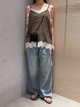 「LOWRYS FARM（ローリーズファーム）のチェックレースキャミ 1049046（キャミソール、ブラウン系）」を使った、miさん（レディース・164cm）の夏コーディネート
