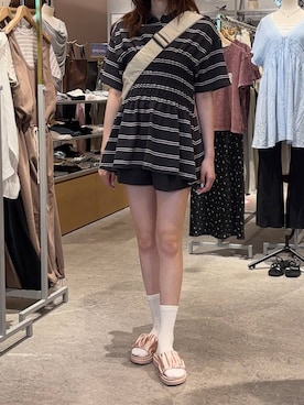 「LOWRYS FARM（ローリーズファーム）のバスケットショートパンツ 637612（その他パンツ、グレー系）」を使った、miさん（レディース・164cm）の夏コーディネート