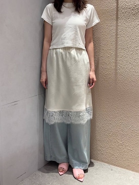 「LOWRYS FARM（ローリーズファーム）のフライスチビＴＥＥ 637055（Tシャツ/カットソー、ホワイト系）」を使った、miさん（レディース・164cm）の夏コーディネート