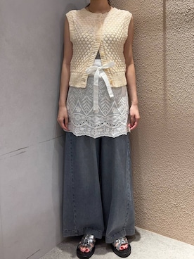 「LOWRYS FARM（ローリーズファーム）のレースエプロン　1032354（その他、ホワイト系）」を使った、miさん（レディース・164cm）の夏コーディネート