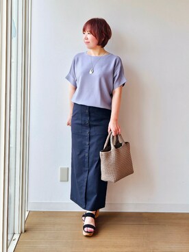 「UNTITLED（アンタイトル）の【11色展開/体型カバー】前後2WAYフレンチスリーブニット（ニット/セーター、パープル系）」を使った、やじまさん（レディース・155cm）の夏コーディネート