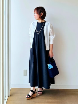 「UNTITLED（アンタイトル）の【アンサンブル可/日除け・冷房対策】シアーレーヨンZIPカーディガン（カーディガン/ボレロ、ホワイト系）」を使った、やじまさん（レディース・155cm）の夏コーディネート