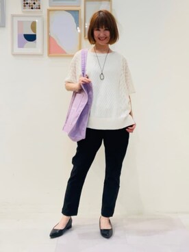 「SHOO・LA・RUE（シューラルー）の【SS-3L/無理せずスリム】 ぐんぐん伸びる イージーテーパードパンツ（その他パンツ、ブラック系）」を使った、おぐねぇさん（レディース・157cm）の春コーディネート