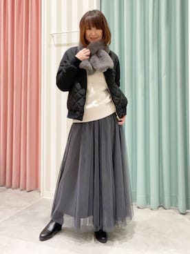「DRESKIP（ドレスキップ）の肌触り柔らか ベロアモール モックネックニット（ニット/セーター、ホワイト系）」を使った、おぐねぇさん（レディース・157cm）の秋コーディネート