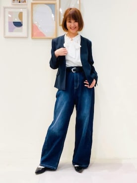 「SHOO・LA・RUE（シューラルー）の◆【S-3L/洗える/通勤】ダブルクロス Vネックジャケット【CIRCRIC】（ノーカラージャケット、ブルー系）」を使った、おぐねぇさん（レディース・157cm）の春コーディネート