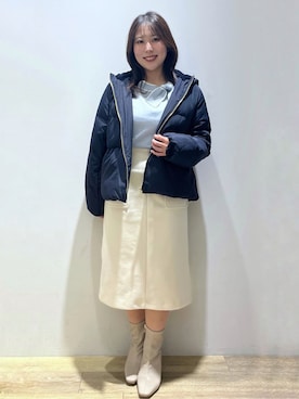 「index（インデックス）のKAWADAダウンペプラムショートコート【撥水/洗濯機OK/静電気防止裏地】（ダウンジャケット/コート、ブルー系）」を使った、さやかさん（レディース・149cm）の冬コーディネート