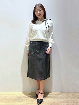 「index（インデックス）のはしごリボンバイカラーニット【洗濯機OK】（ニット/セーター、ホワイト系）」を使った、さやかさん（レディース・149cm）の秋コーディネート