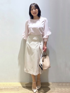 「index（インデックス）のフリルスリーブドッキングポンチトップス【洗濯機OK】（Tシャツ/カットソー、ピンク系）」を使った、さやかさん（レディース・149cm）の春コーディネート